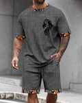 Men's Summer Colorblock Printed Round Neck Suit 086