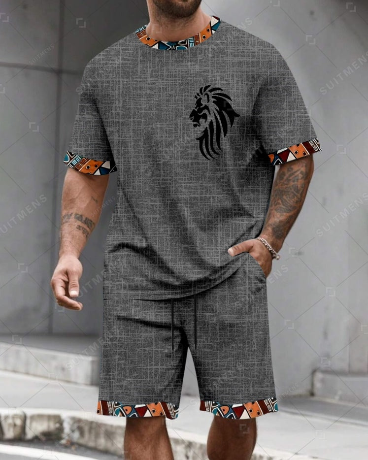 Men's Summer Colorblock Printed Round Neck Suit 086
