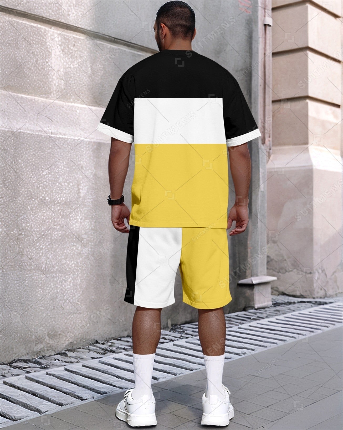 Men's Summer Colorblock Printed Round Neck Set 386