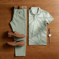 Men's Casual Light Green Color Matching Geometric Printed Short Sleeved Polo Shirt & Trousers Two-Piece Set