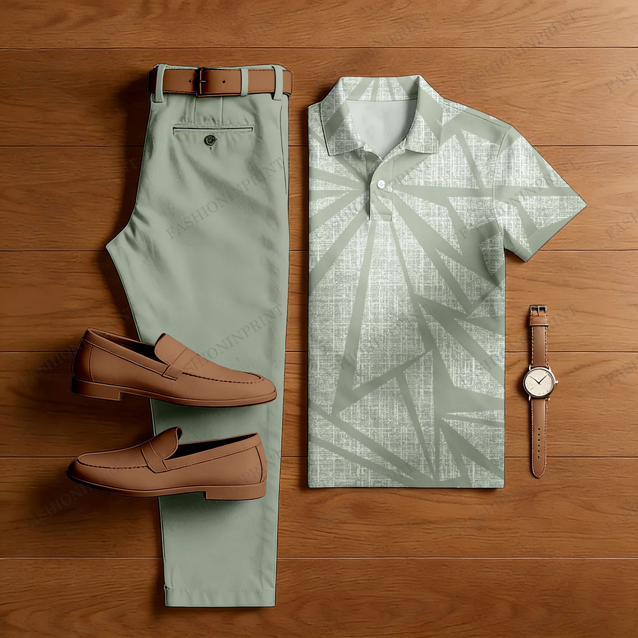 Men's Casual Light Green Color Matching Geometric Printed Short Sleeved Polo Shirt & Trousers Two-Piece Set