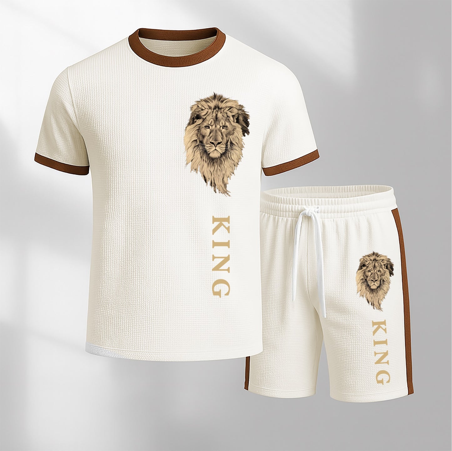 Men's King Pattern Short-Sleeved T-Shirt And Drawstring Shorts Set, Men's Casual Sportswear, Short-Sleeved Top And Shorts, Summer Men's Everyday Wear, Indoor And Outdoor Athletic Wear, Sports Set