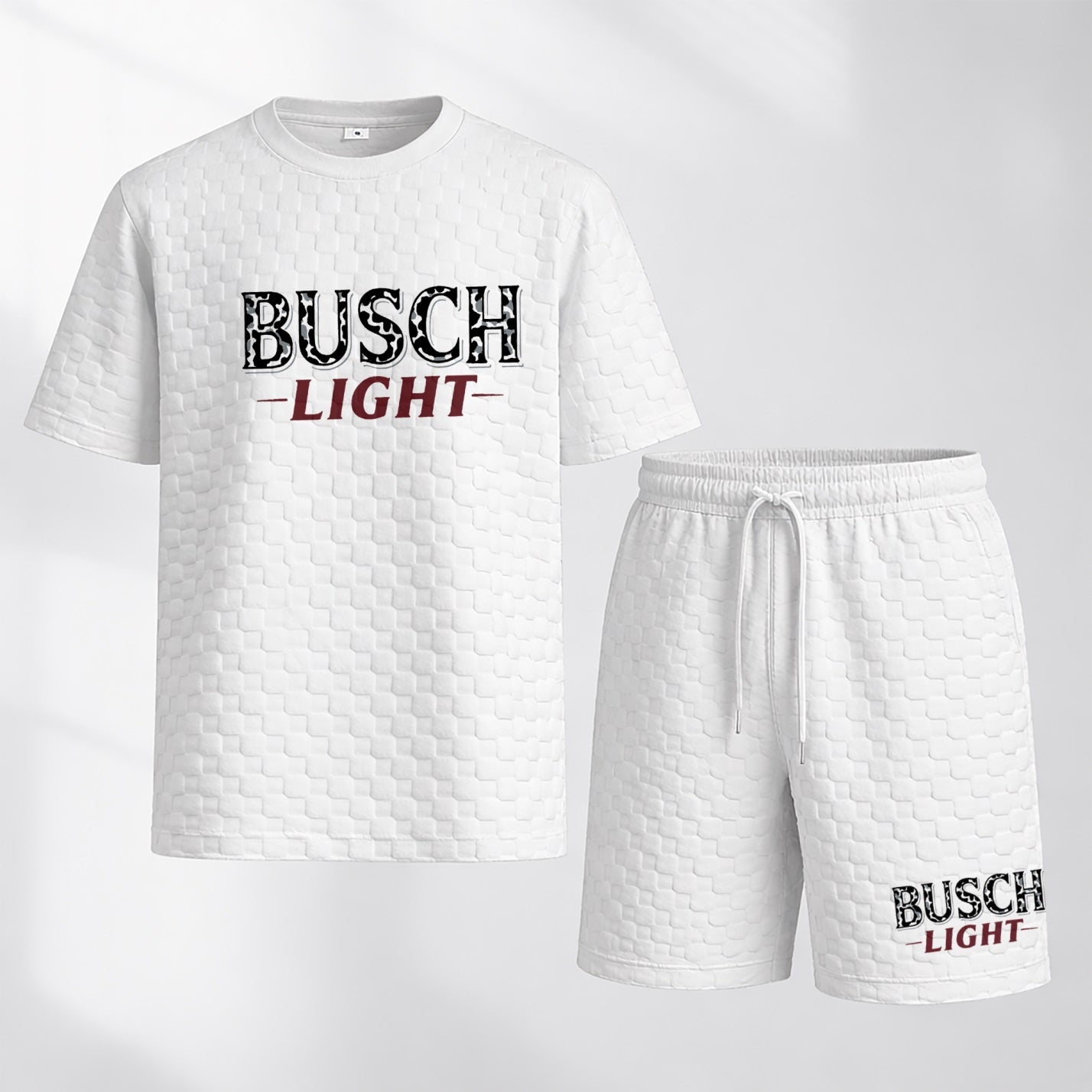 Men's Spring And Summer Classic Beer Print With Red And Black Line Checkered Fabric Drawstring Shorts Set, Casual Summer Outfit With Short-Sleeved Shirt And Shorts, Ideal For Everyday Wear And Sports Activities