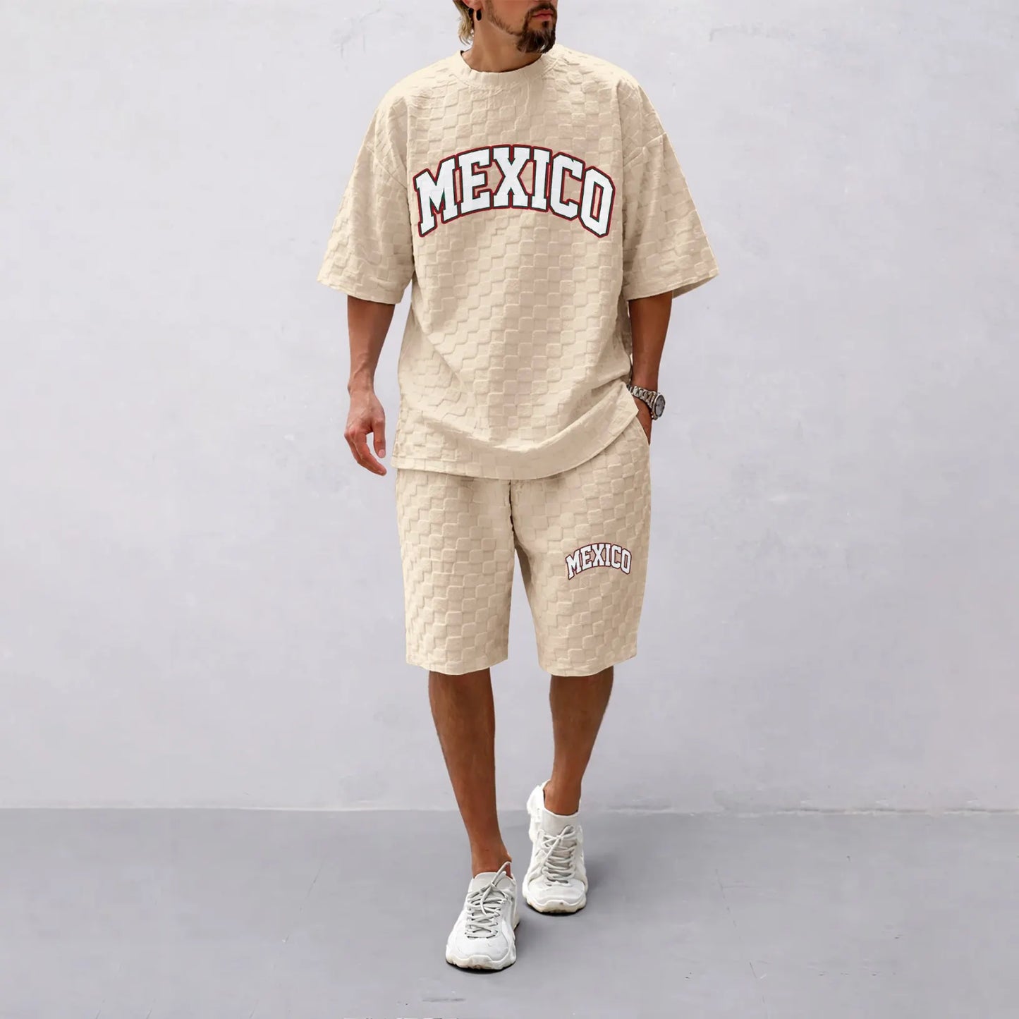 Men's Spring/Summer Mexican-Print Plaid Drawstring Shorts Set—A casual summer outfit featuring a short-sleeve shirt and shorts, ideal for both everyday wear and athletic activities
