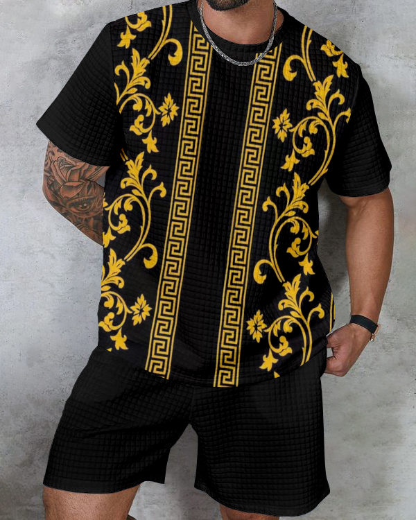 Men's textured waffle texture printed shorts Set 005