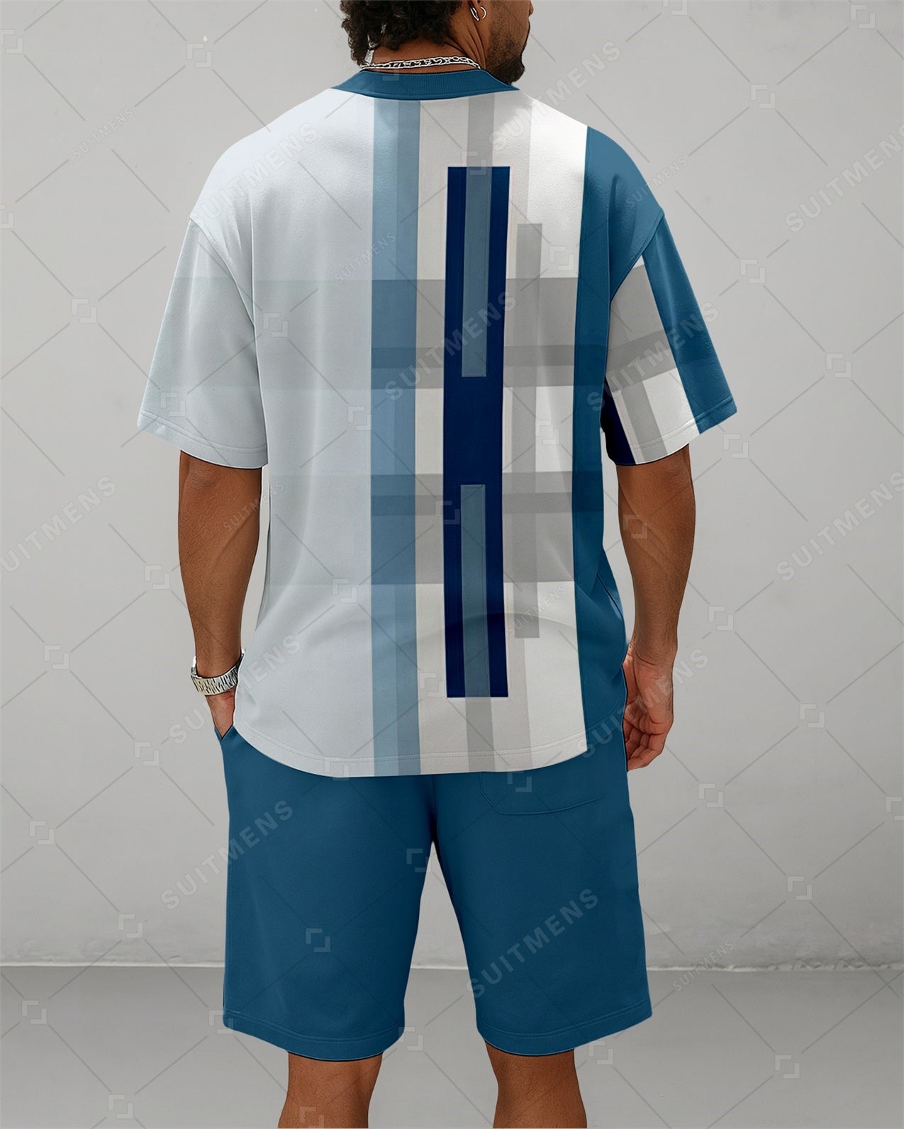 Men's Summer Colorblock Printed Round Neck Suit 083