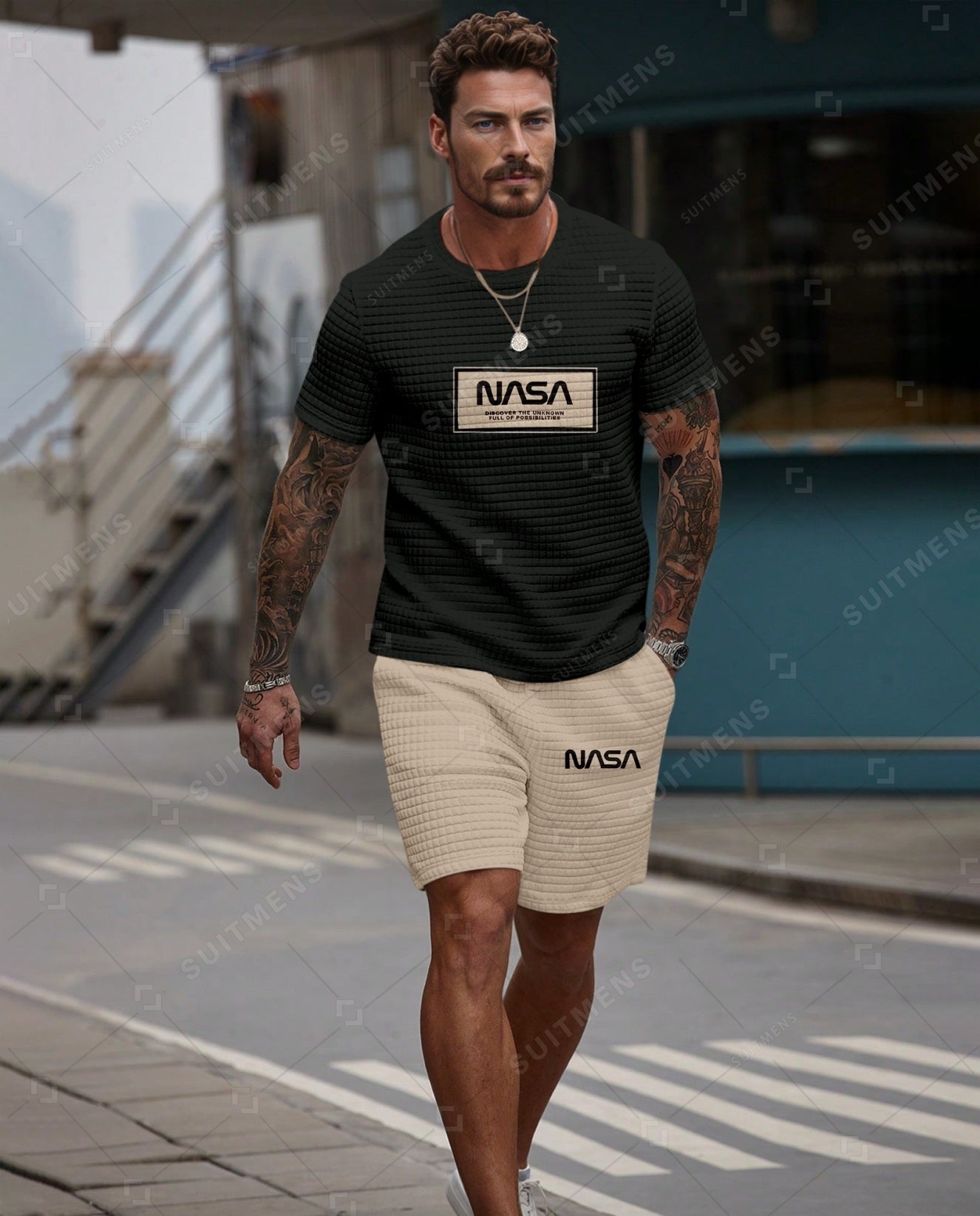 Men's Casual Waffle Textured Summer Round Neck Short Sleeve Shorts Set 008