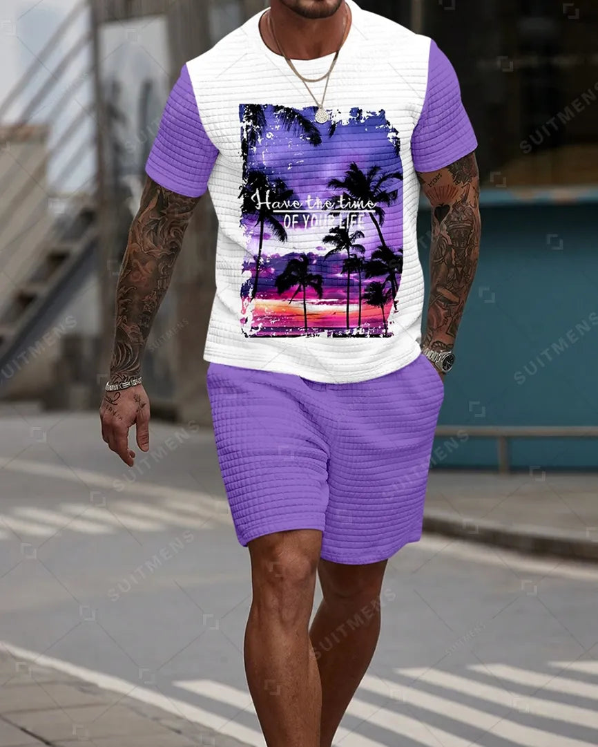 Men's Casual Waffle Textured Summer Round Neck Short Sleeve Shorts Set 0014