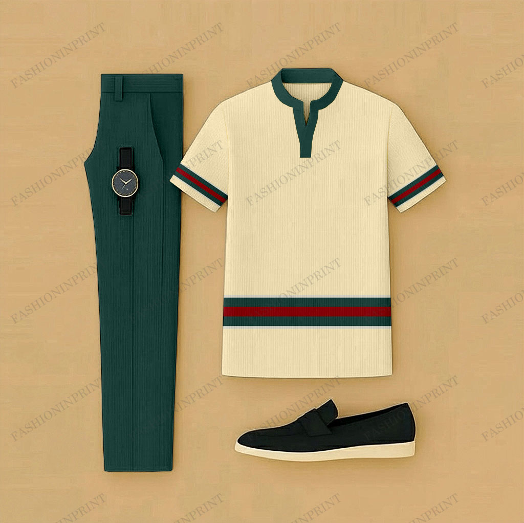 Men's Casual Yellow & Green Color Matching Short Sleeved Henry Collar T-Shirt & Trousers Two-Piece Set
