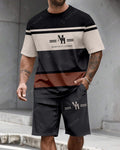 Men's Summer Colorblock Printed Round Neck Suit 04