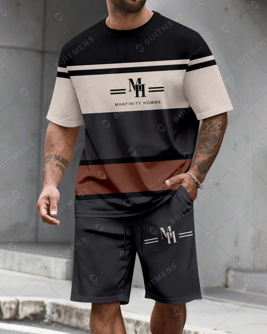 Men's Summer Colorblock Printed Round Neck Suit 04