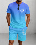 Men's Summer Colorblock Printed Round Neck Suit 052
