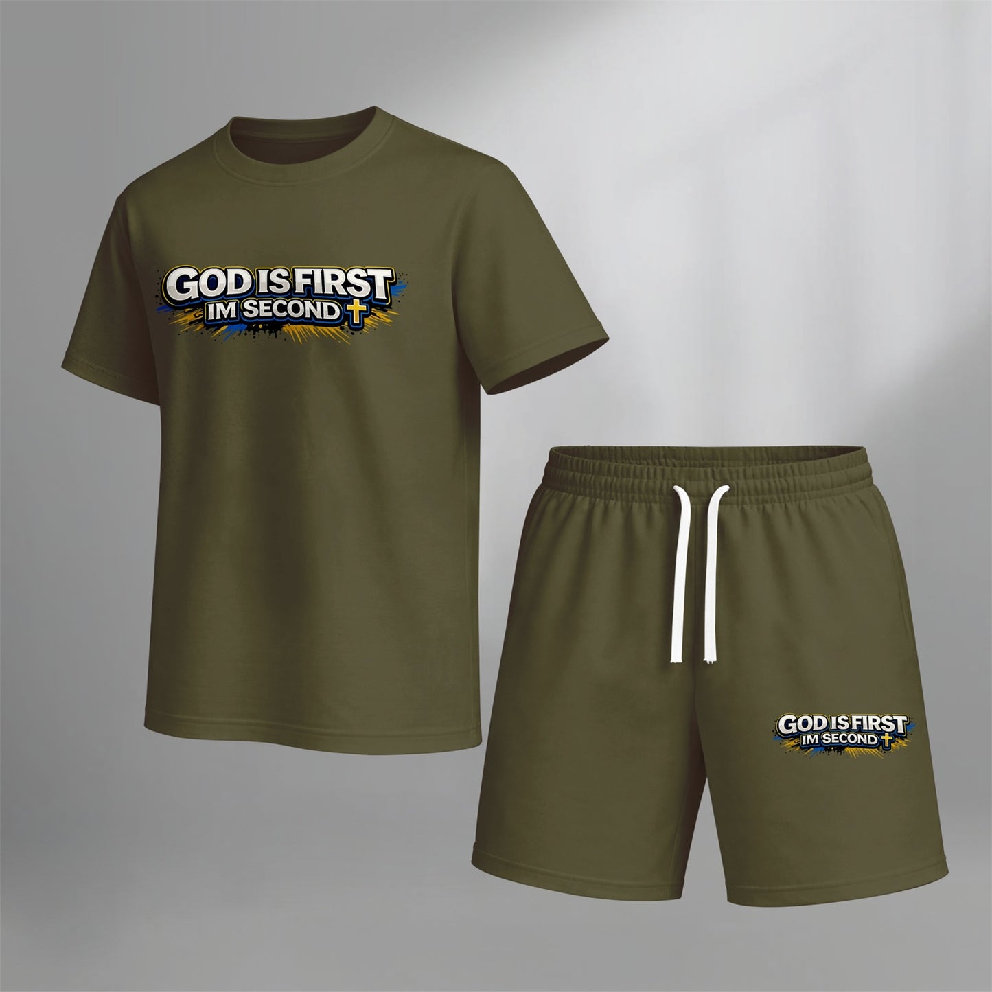 Men’s Christian Summer 2 Piece Set, God Is First I’m Second Graphic Short Sleeve T Shirt and Drawstring Shorts Matching Outfit, Lightweight Breathable Casual Set for Beach, Vacation, Gym, Travel, and Daily Wear
