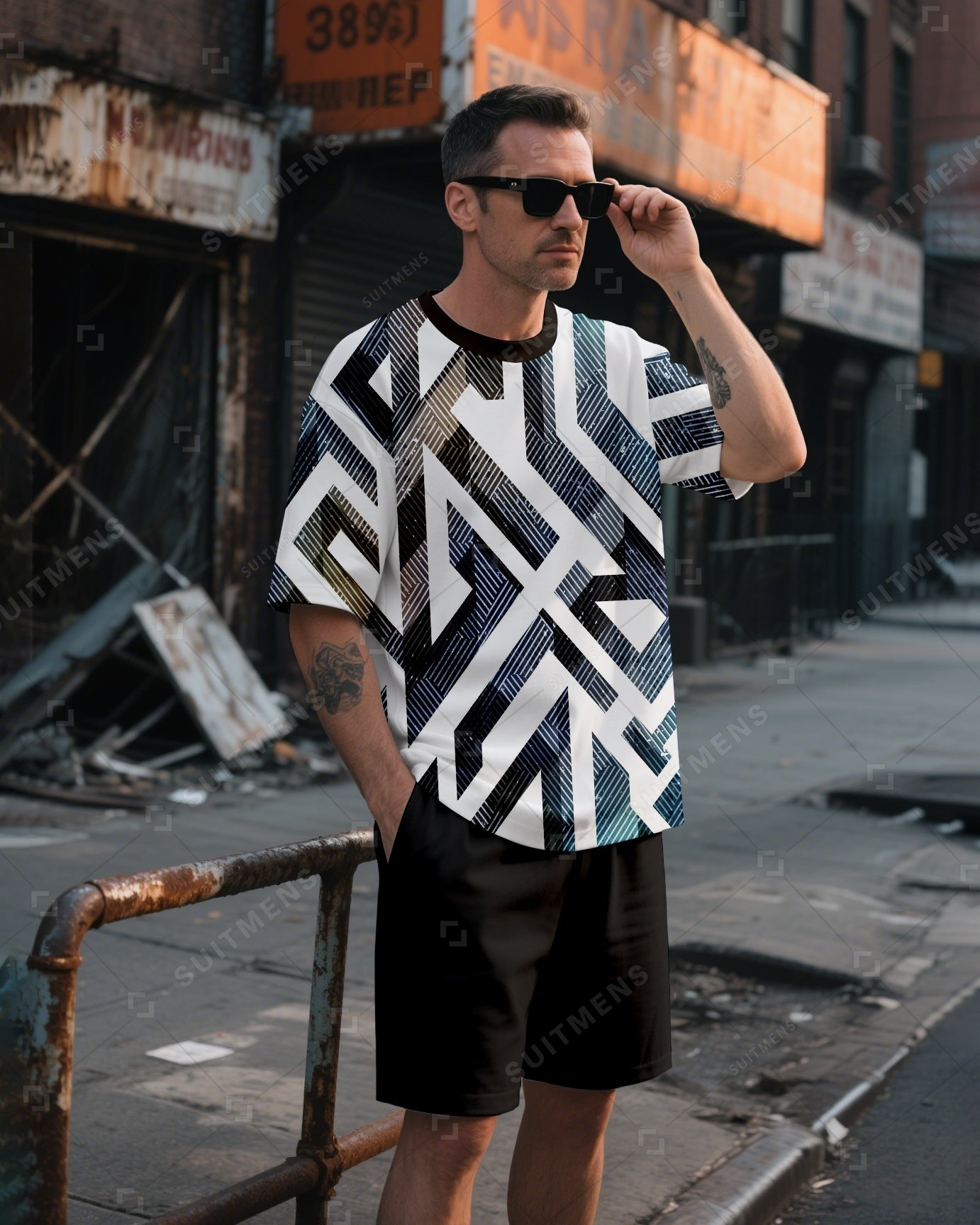 Men's Summer Colorblock Printed Round Neck Suit 017