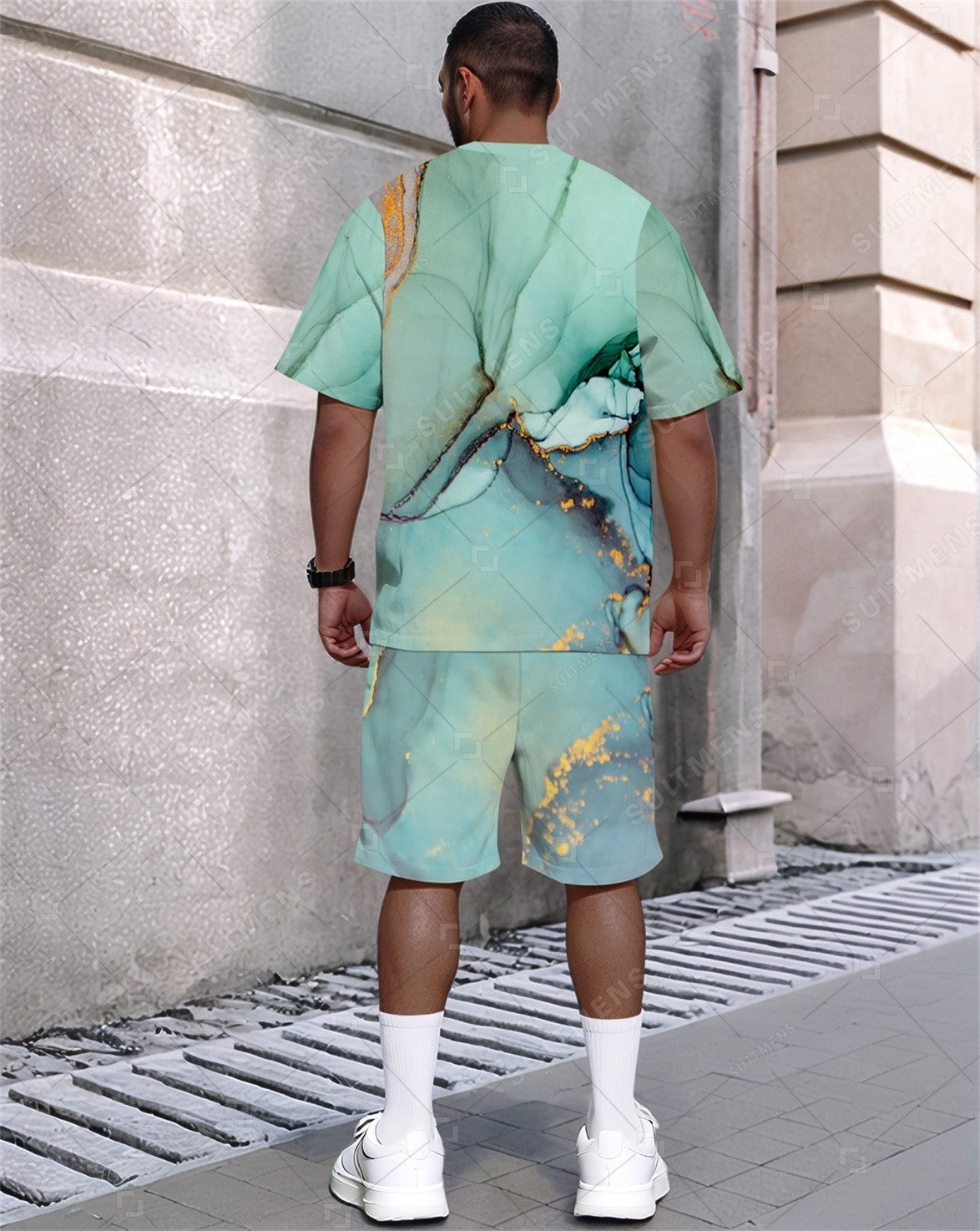 Men's Summer Gradient Print Round Neck Set 376
