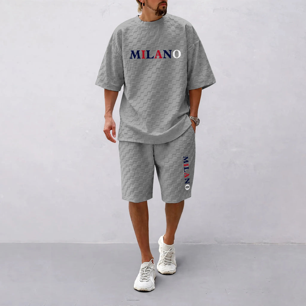 Men's Spring and Summer 'MILANO' Letter Print Checkered Fabric Drawstring Shorts Set, Casual Summer Outfit with Short-Sleeved Shirt and Shorts, Ideal for Everyday Wear and Sports Activities