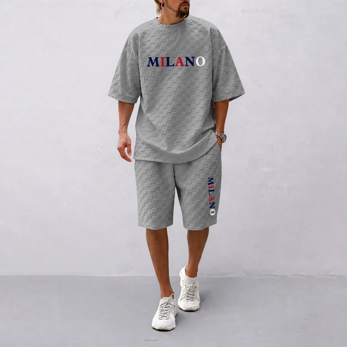 Men's Spring and Summer 'MILANO' Letter Print Checkered Fabric Drawstring Shorts Set, Casual Summer Outfit with Short-Sleeved Shirt and Shorts, Ideal for Everyday Wear and Sports Activities