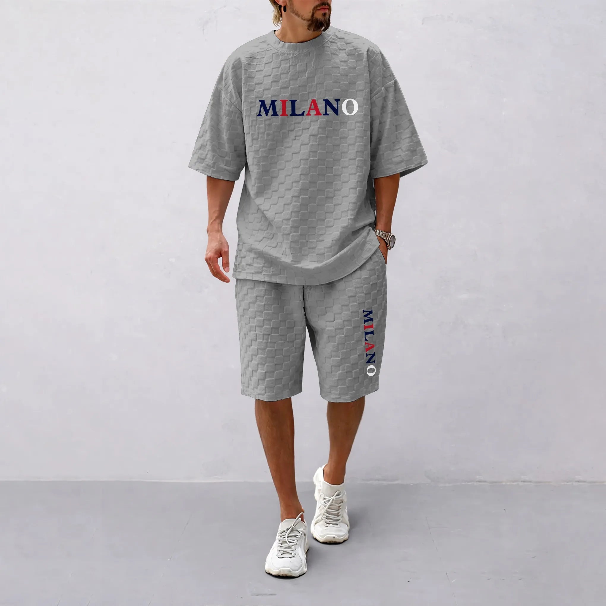 Men's Spring and Summer 'MILANO' Letter Print Checkered Fabric Drawstring Shorts Set, Casual Summer Outfit with Short-Sleeved Shirt and Shorts, Ideal for Everyday Wear and Sports Activities