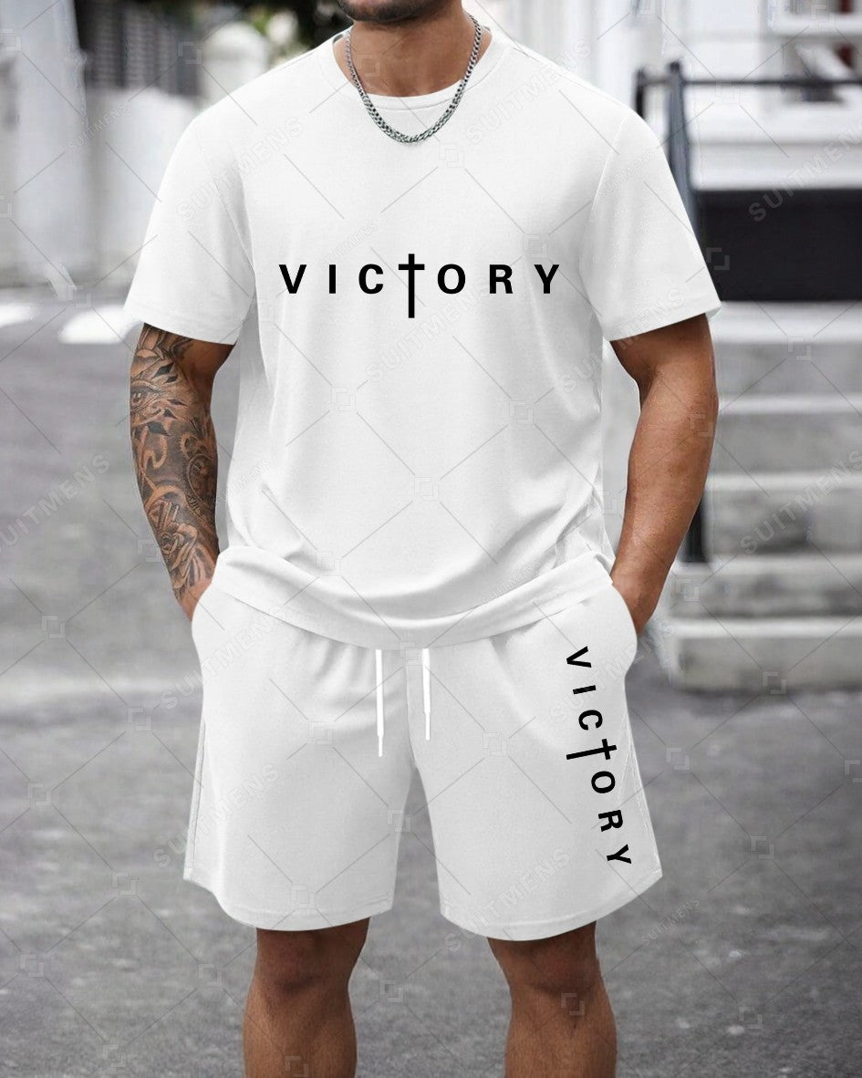 Men's Summer Colorblock Printed Round Neck Set 467