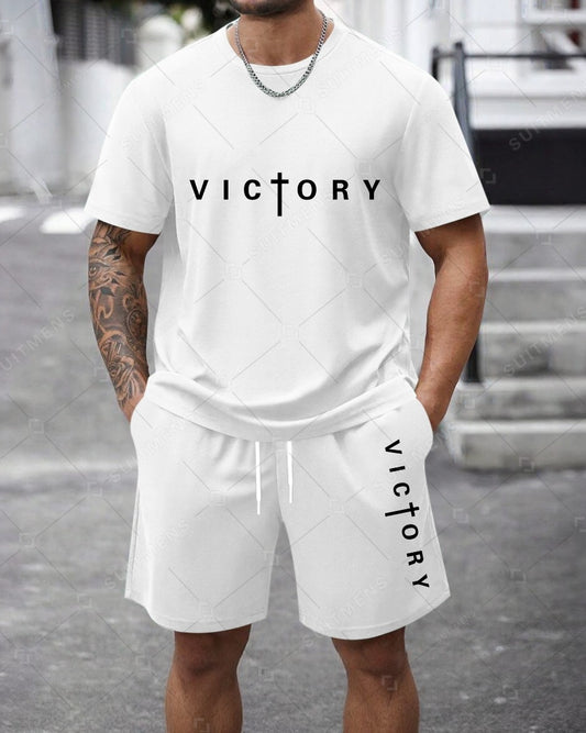 Men's Summer Colorblock Printed Round Neck Set 467