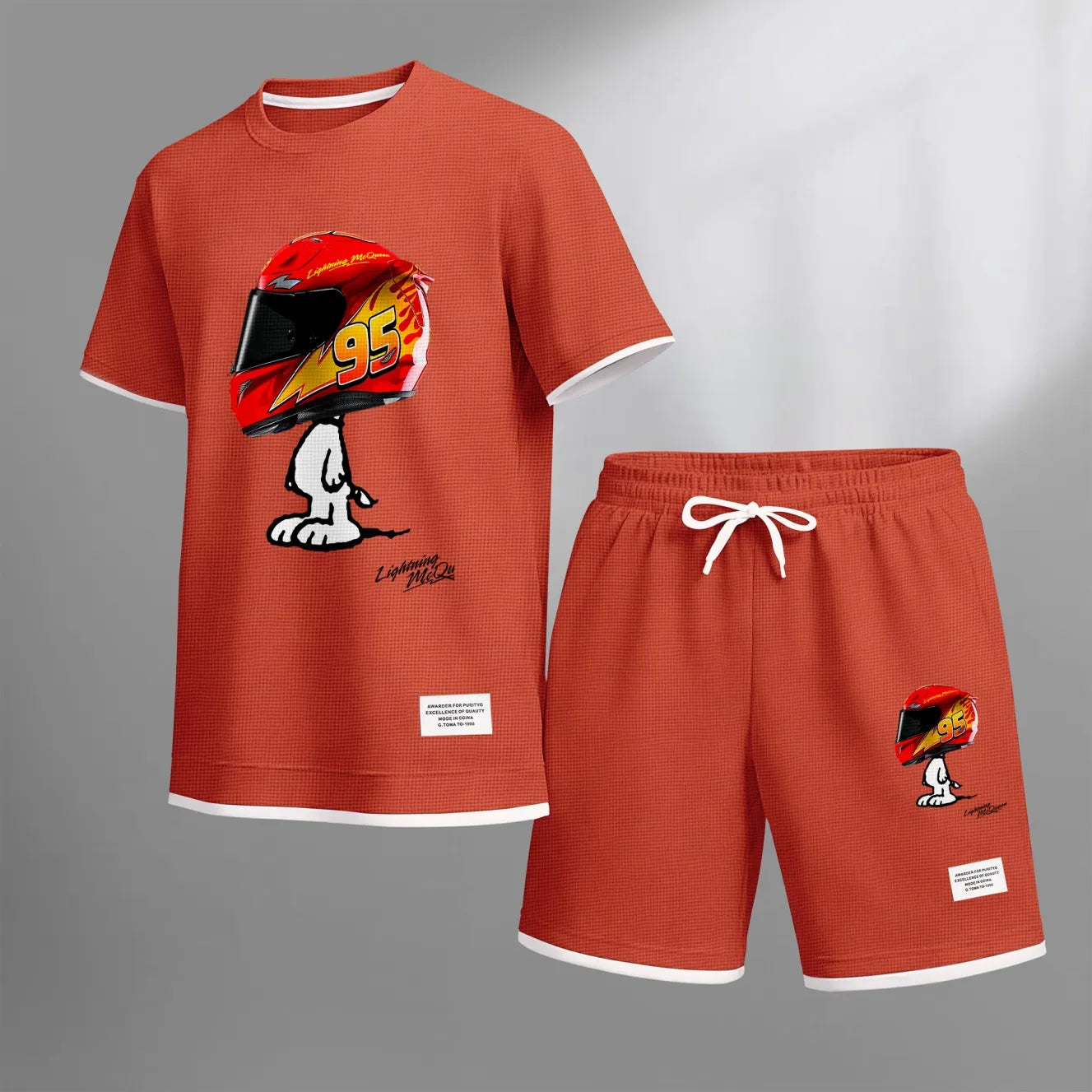 Men's Classic Racing Print Waffle Fabric Short-Sleeved Shirt And Shorts Set