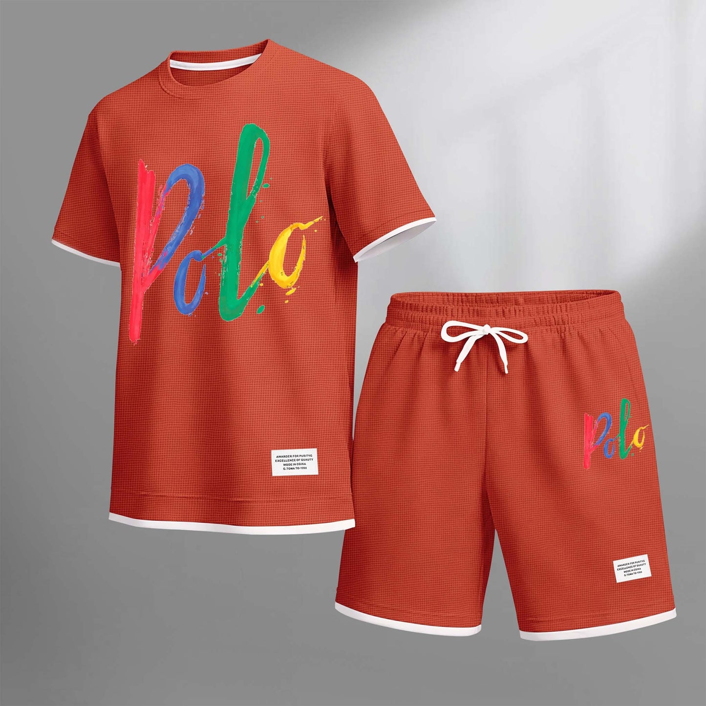 Men's Polo Print Drawstring Shorts Set For Spring/Summer. A Casual Summer Outfit, Including A Short-Sleeved Shirt And Shorts, Suitable For Everyday Wear And Sports. A Two-Piece Set For A Relaxed And Energetic Lifestyle.