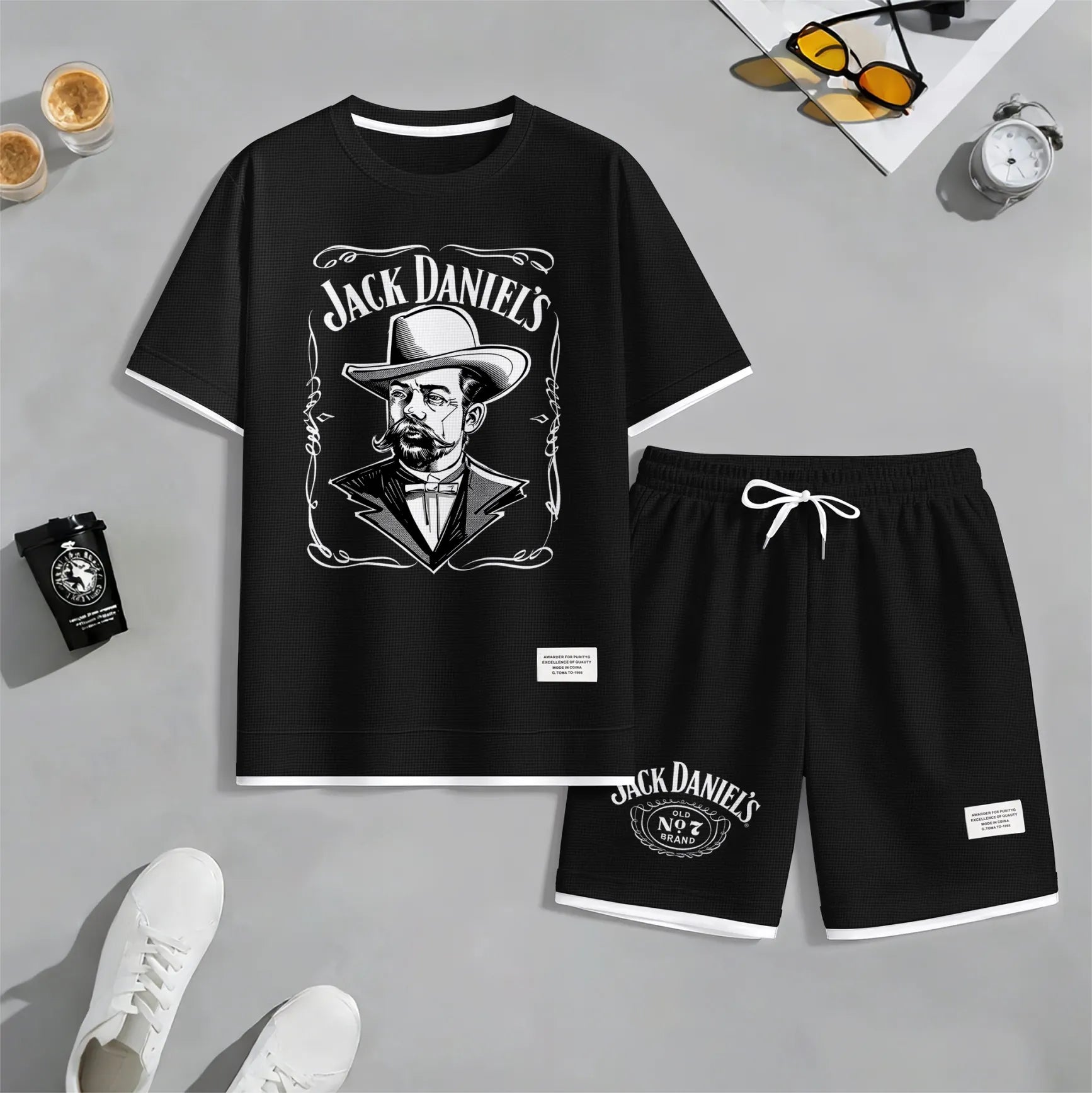 Men's Beer Print Drawstring Shorts Set, Suitable For Spring And Summer Wear, Casual Summer Set, Including Short-Sleeved Shirt And Shorts, Suitable For Everyday Wear And Sports 04