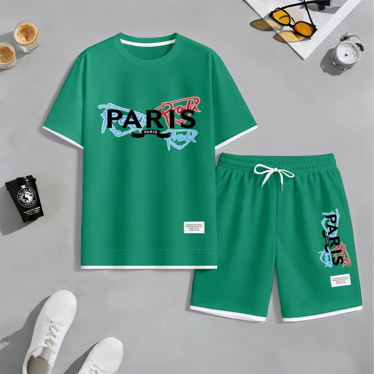 Men's PARIS Red & Blue Graffiti Letter Print Short Sleeve T-Shirt & Shorts Set, Summer Lightweight Waffle Sporty Casual Two-Piece Outfit, Streetwear for Gym & Daily Wear