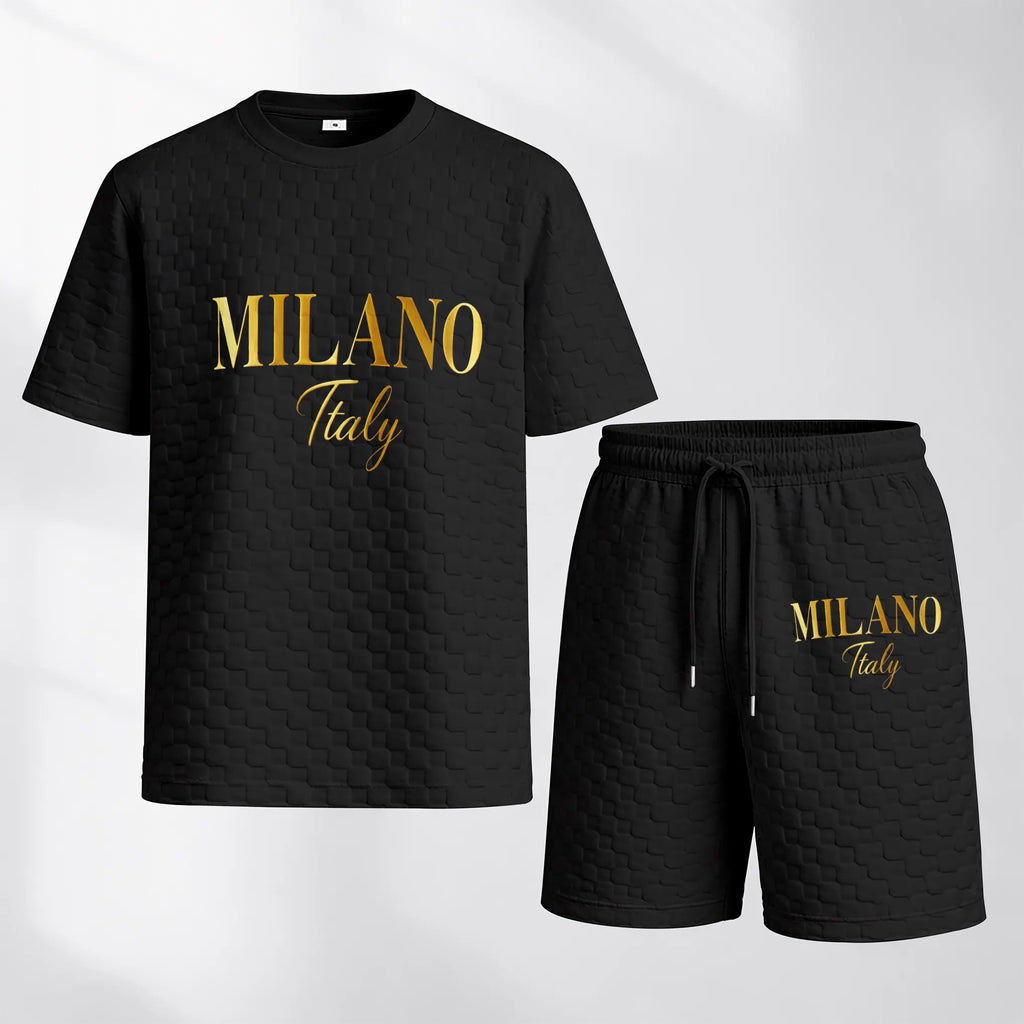 Men's Spring and Summer 'MILANO Italy' Letter Print Checkered Fabric Drawstring Shorts Set, Casual Summer Outfit with Short-Sleeved Shirt and Shorts, Ideal for Everyday Wear and Sports Activities