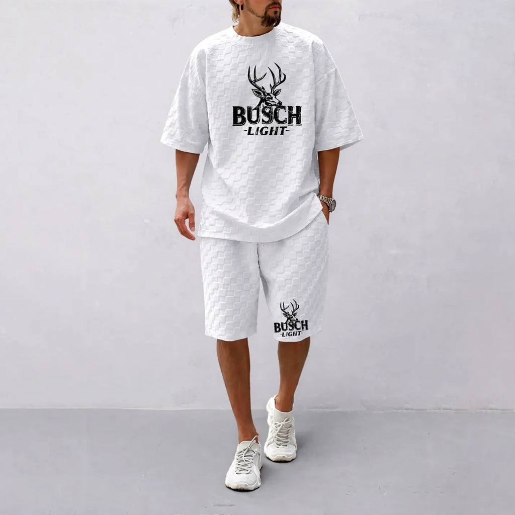 Men's Spring And Summer Light Beer Print With Red And Black Line Checkered Fabric Drawstring Shorts Set, Casual Summer Outfit With Short-Sleeved Shirt And Shorts, Ideal For Everyday Wear And Sports Activities