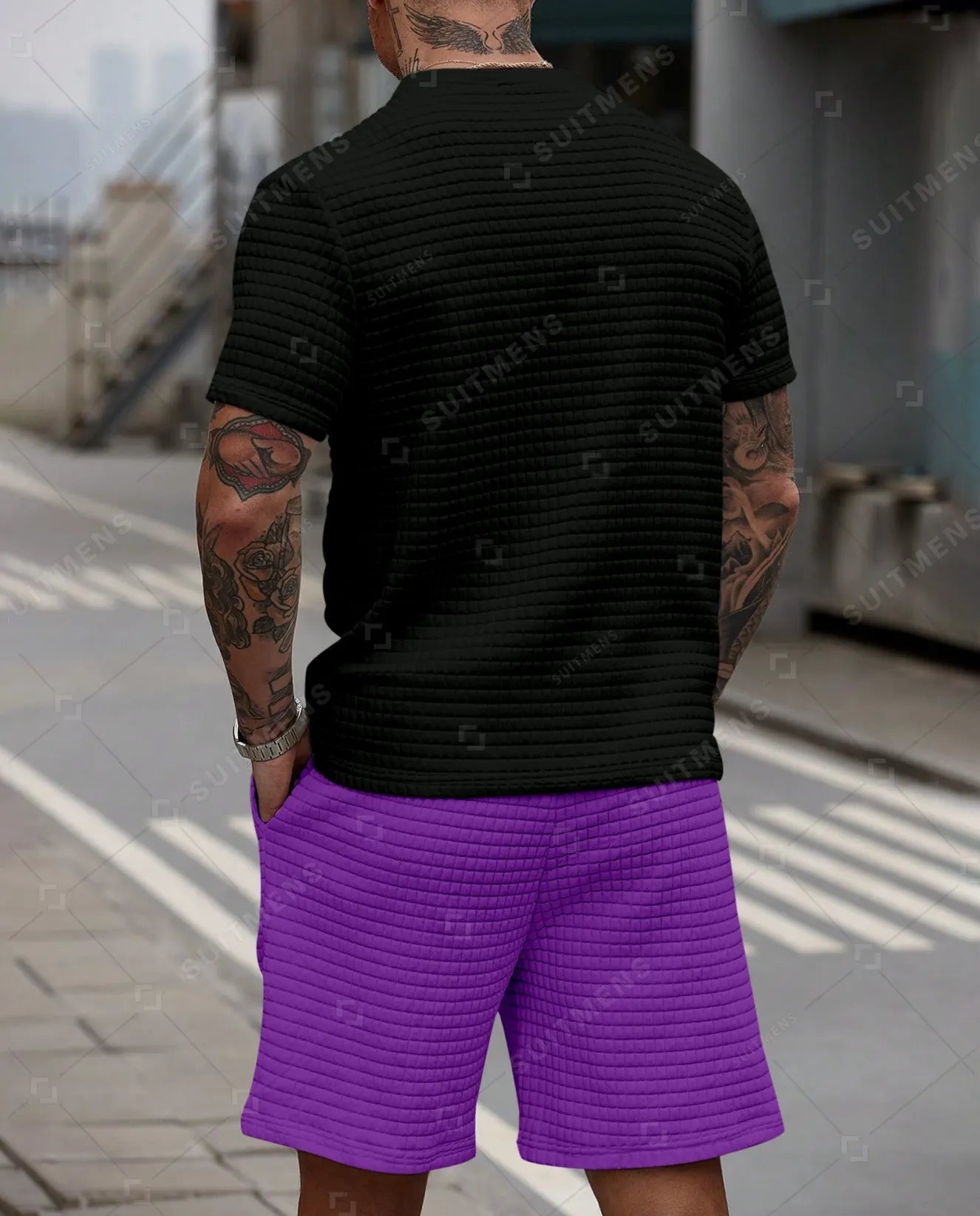 Men's Casual Waffle Textured Summer Round Neck Short Sleeve Shorts Set 007