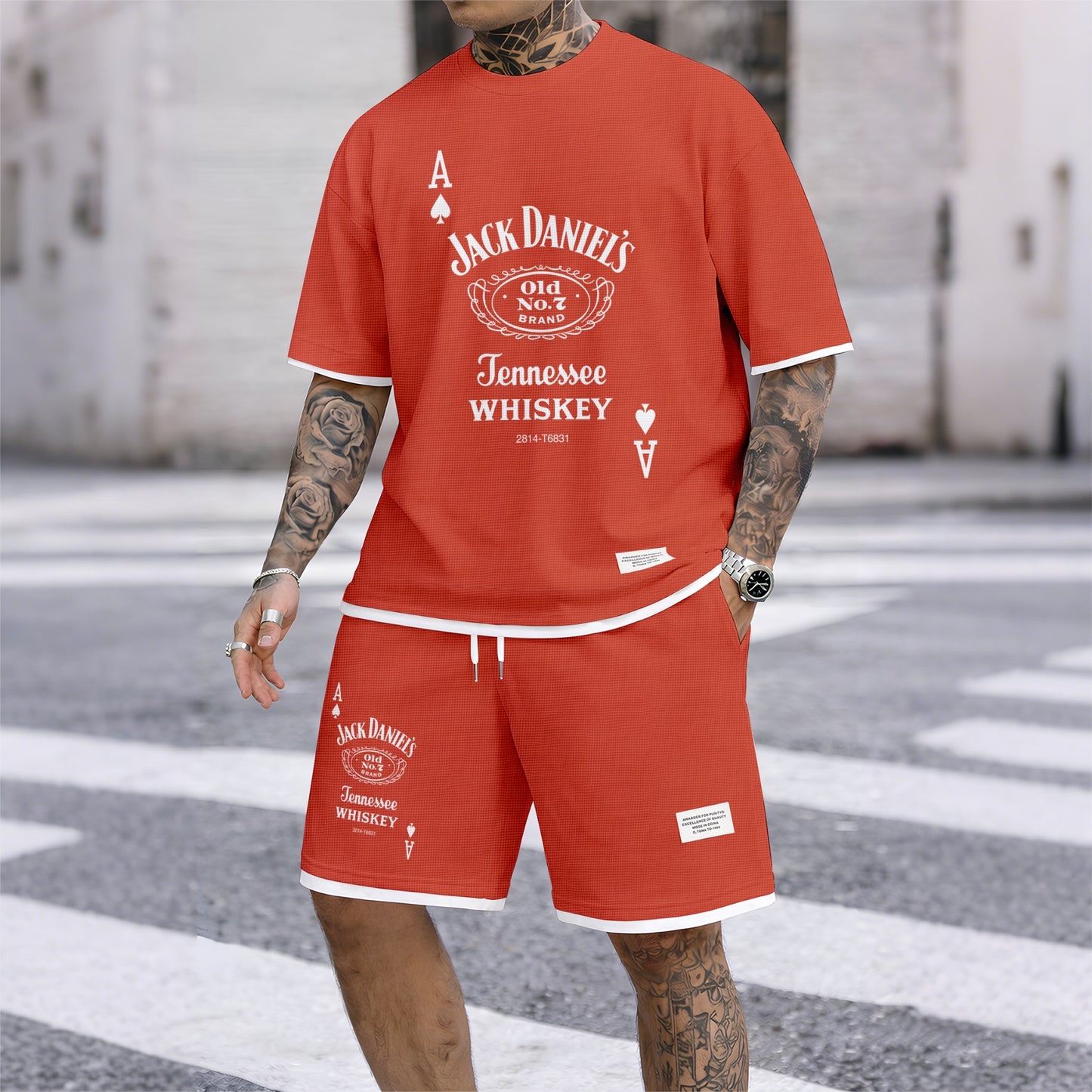 Men's Beer And Beverage Printed Drawstring Shorts Set, Suitable For Spring And Summer Wear, Casual Summer Set, Including Short-Sleeved Shirt And Shorts, Suitable For Everyday Wear And Sports 013