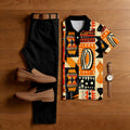 Men's Casual Color Orange Multi & Black Color Matching Retro Style Printed Short Sleeved Polo Shirt & Trousers Two-Piece Set