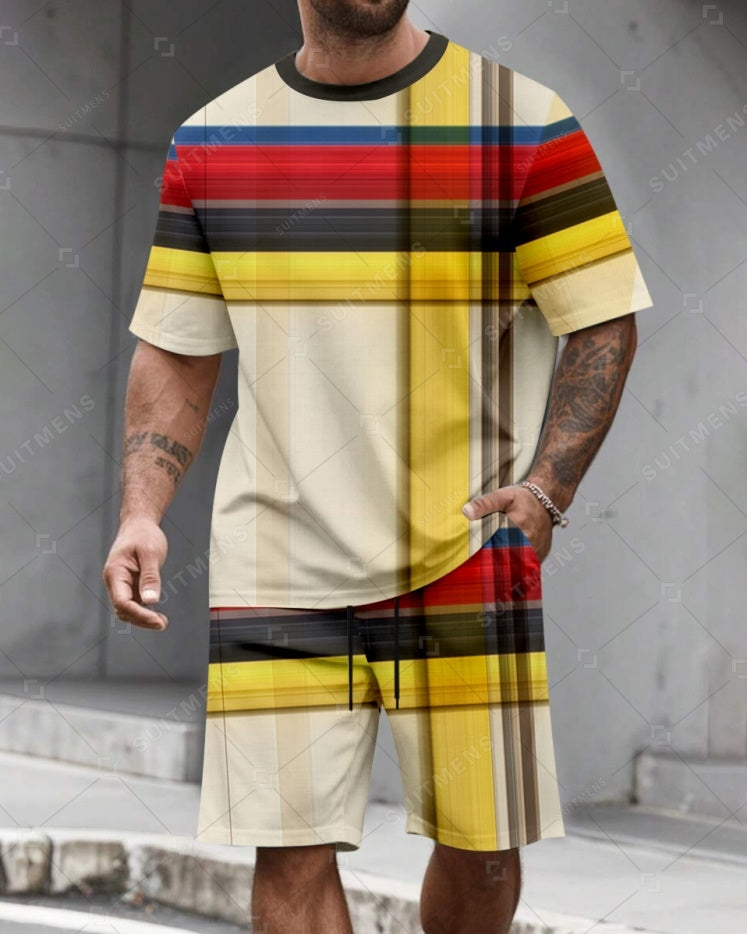 Men's Summer Colorblock Printed Round Neck Suit 076
