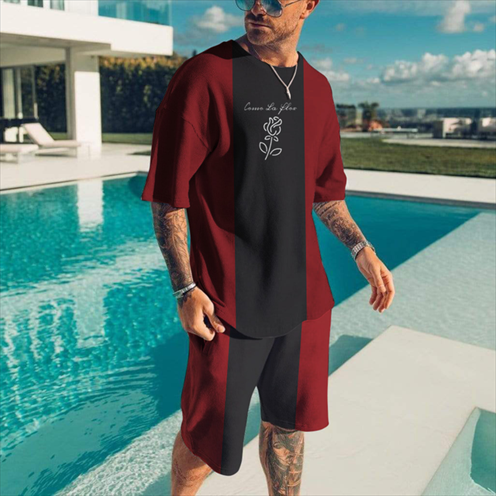 Men's casual color matching printed shorts set 410