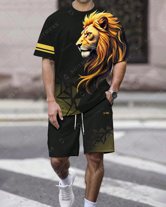 Men's Summer Gradient Lion Print Round Neck Set 220