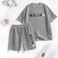 Men's Spring and Summer 'MILANO' Letter Print Checkered Fabric Drawstring Shorts Set, Casual Summer Outfit with Short-Sleeved Shirt and Shorts, Ideal for Everyday Wear and Sports Activities