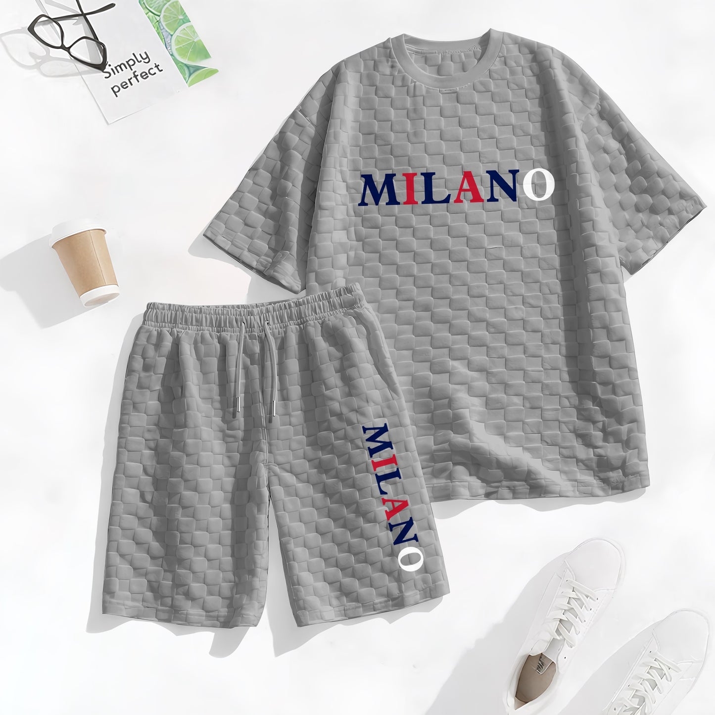 Men's Spring and Summer 'MILANO' Letter Print Checkered Fabric Drawstring Shorts Set, Casual Summer Outfit with Short-Sleeved Shirt and Shorts, Ideal for Everyday Wear and Sports Activities