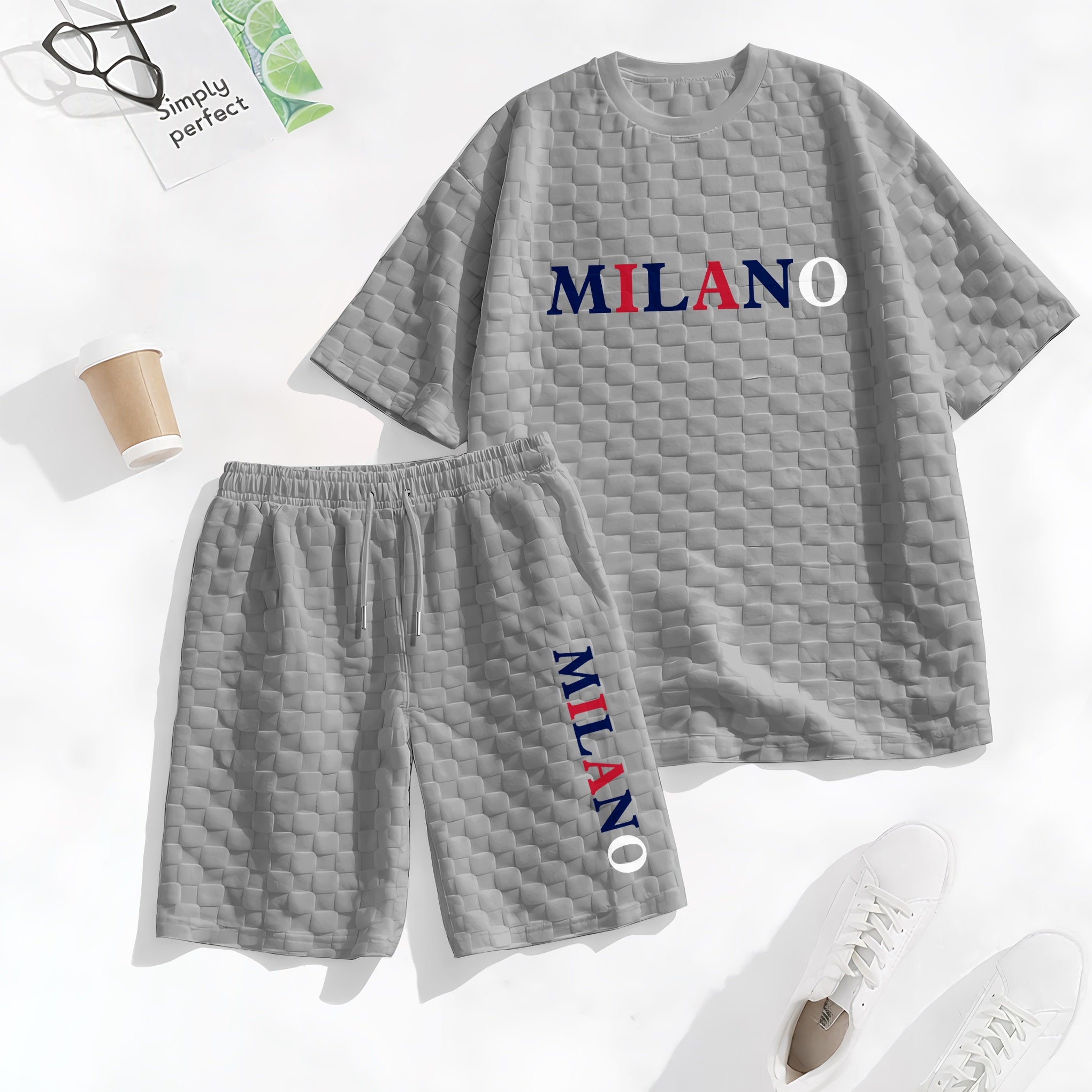 Men's Spring and Summer 'MILANO' Letter Print Checkered Fabric Drawstring Shorts Set, Casual Summer Outfit with Short-Sleeved Shirt and Shorts, Ideal for Everyday Wear and Sports Activities