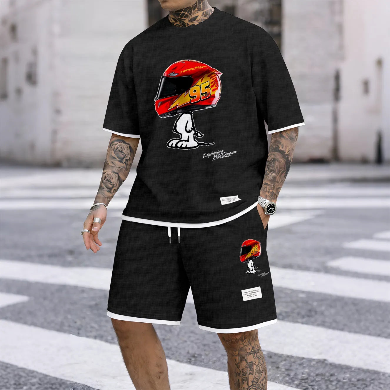 Men's Classic Racing Print Waffle Fabric Short-Sleeved Shirt And Shorts Set