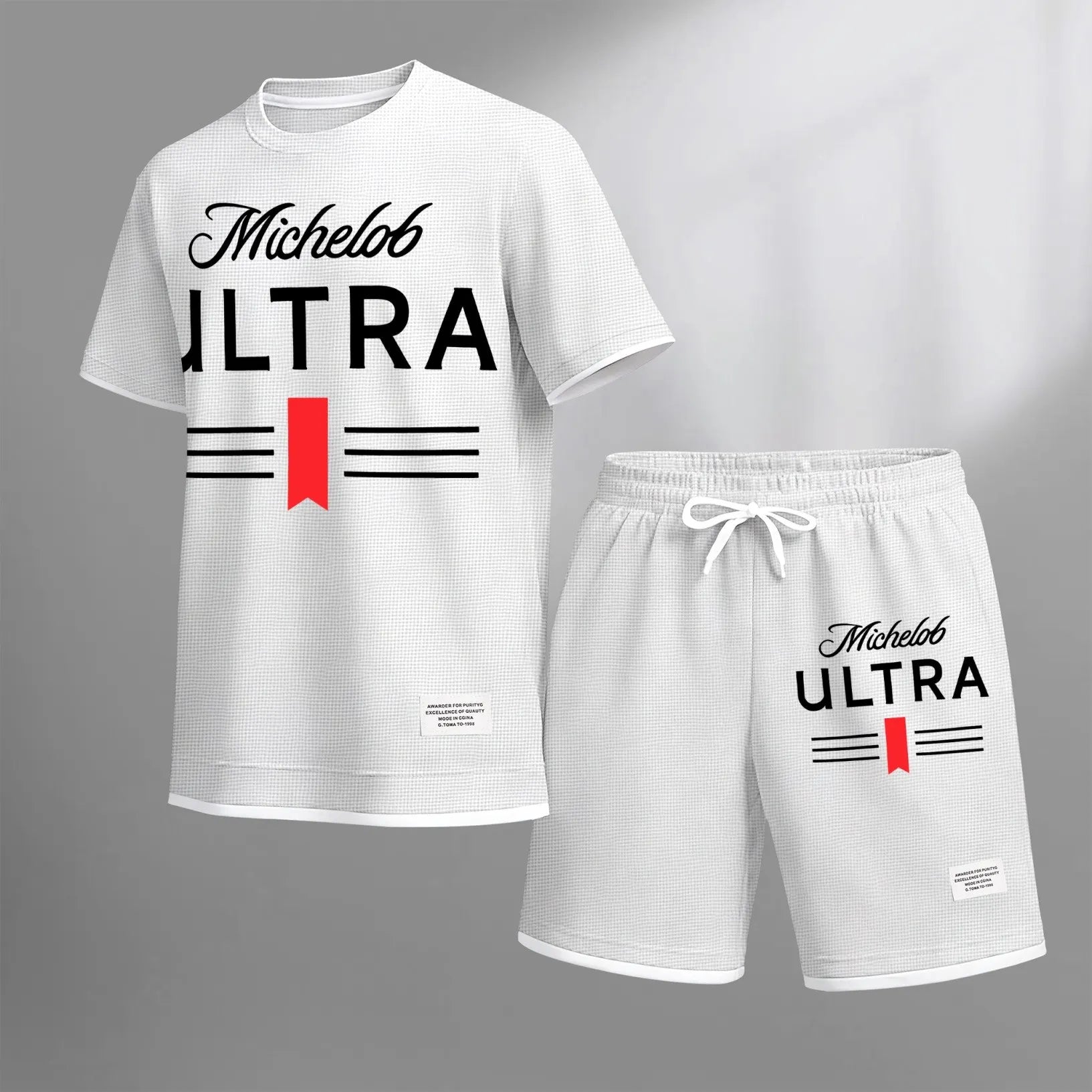 Men's vintage beverage print drawstring shorts set, suitable for spring and summer wear. This casual summer set includes a short-sleeved shirt and shorts, perfect for everyday wear and sports. Two-piece set design.