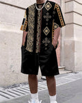 Men's Summer Retro Printed Round Neck Set 817