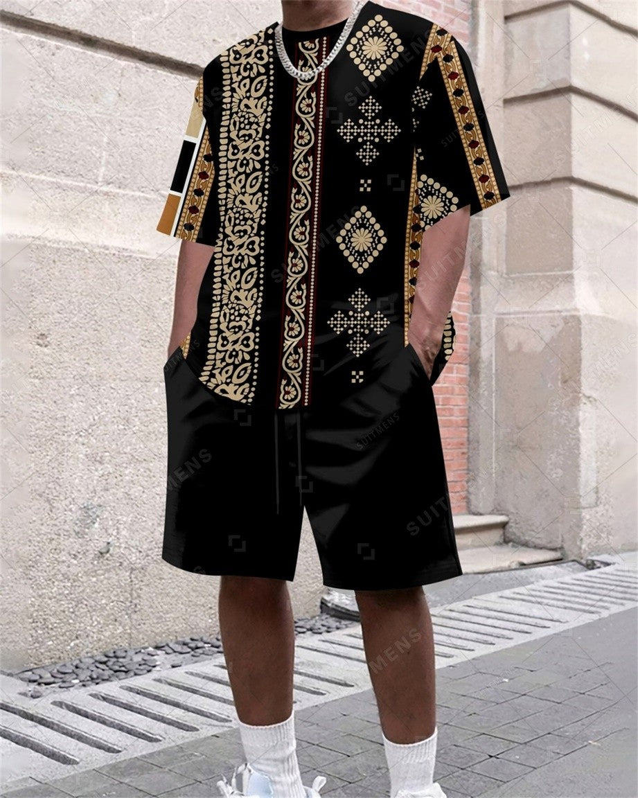 Men's Summer Retro Printed Round Neck Set 817