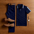 Men's Casual Navy Blue Color Matching Stiped Printed Short Sleeved Polo Shirt & Trousers Two-Piece Set198719