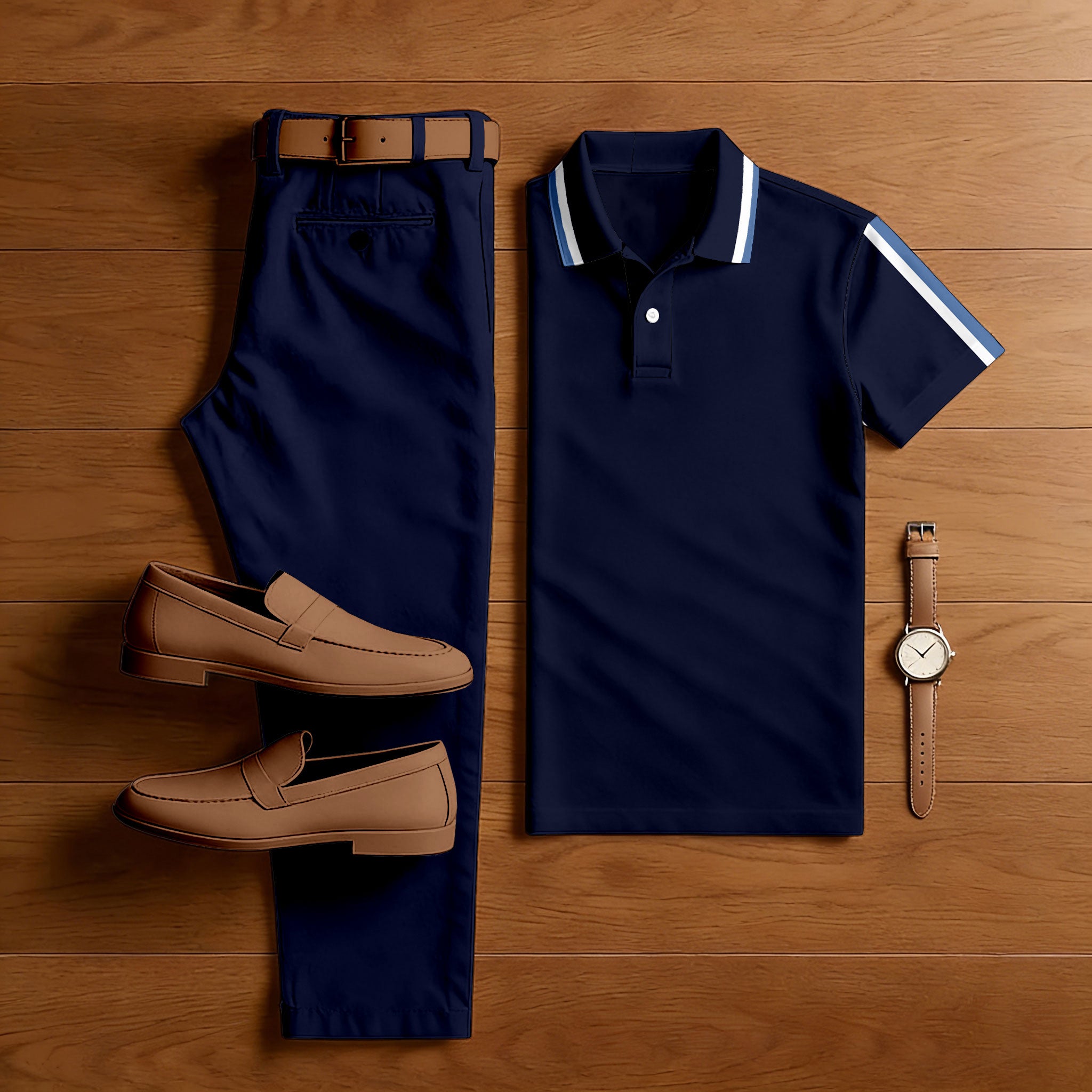 Men's Casual Navy Blue Color Matching Stiped Printed Short Sleeved Polo Shirt & Trousers Two-Piece Set198719