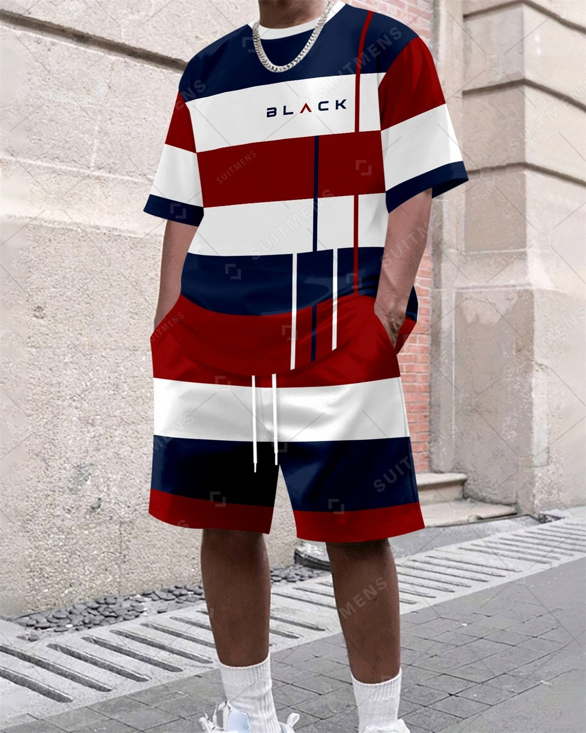 Men's Summer Colorblock Printed Round Neck Set 383