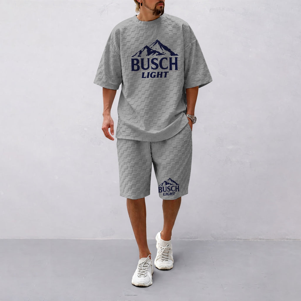 Men's Spring And Summer American Beer Print With Red And Black Line Checkered Fabric Drawstring Shorts Set, Casual Summer Outfit With Short-Sleeved Shirt And Shorts, Ideal For Everyday Wear And Sports Activities