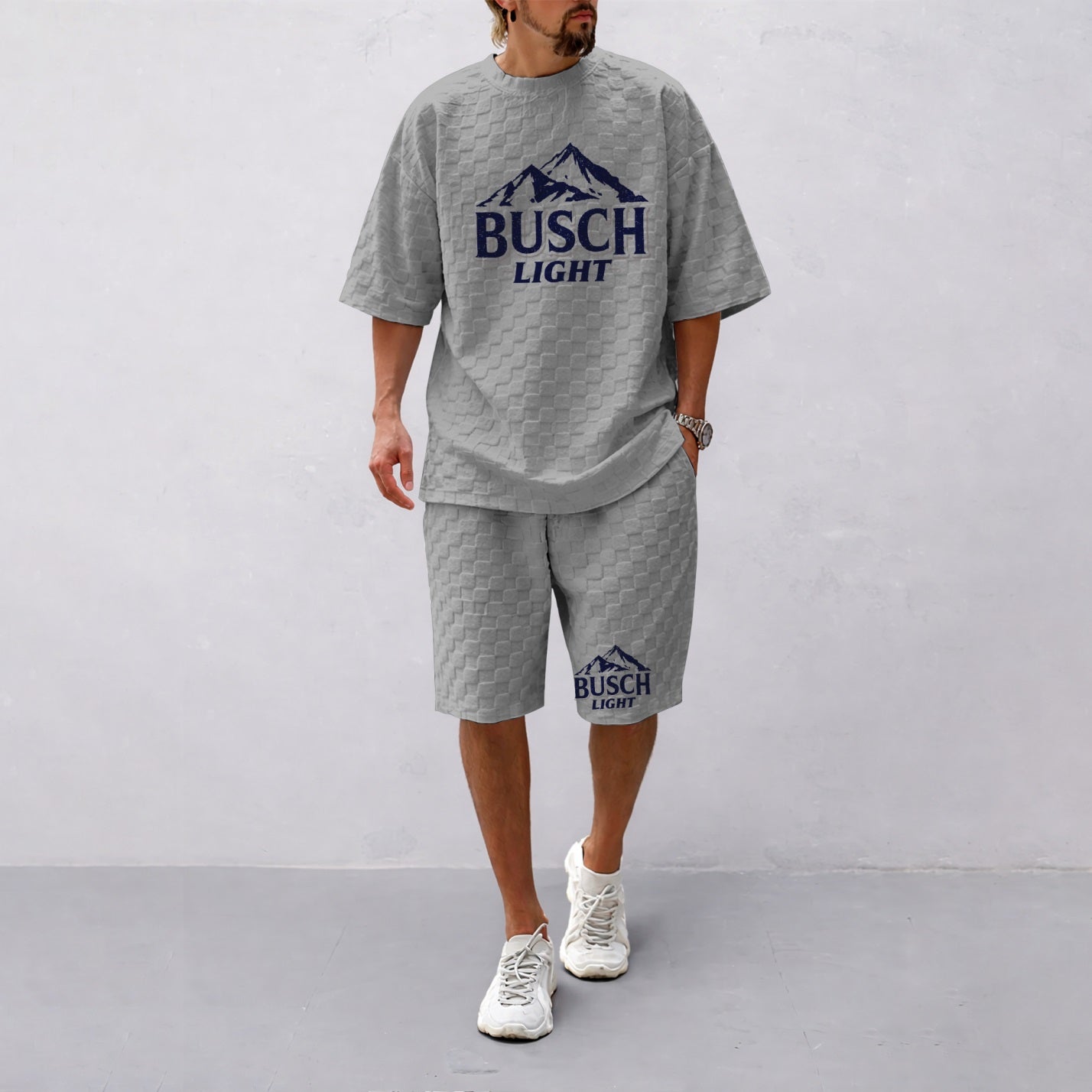 Men's Spring And Summer American Beer Print With Red And Black Line Checkered Fabric Drawstring Shorts Set, Casual Summer Outfit With Short-Sleeved Shirt And Shorts, Ideal For Everyday Wear And Sports Activities