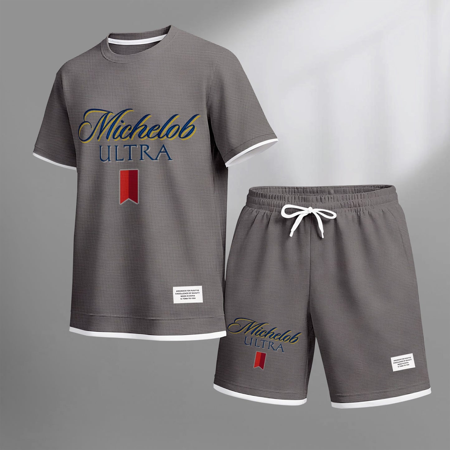 Men's Beer And Beverage Printed Drawstring Shorts Set, Suitable For Spring And Summer Wear, Casual Summer Set, Including Short-Sleeved Shirt And Shorts, Suitable For Everyday Wear And Sports 09