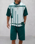 Men's Summer Colorblock Printed Round Neck Suit 062